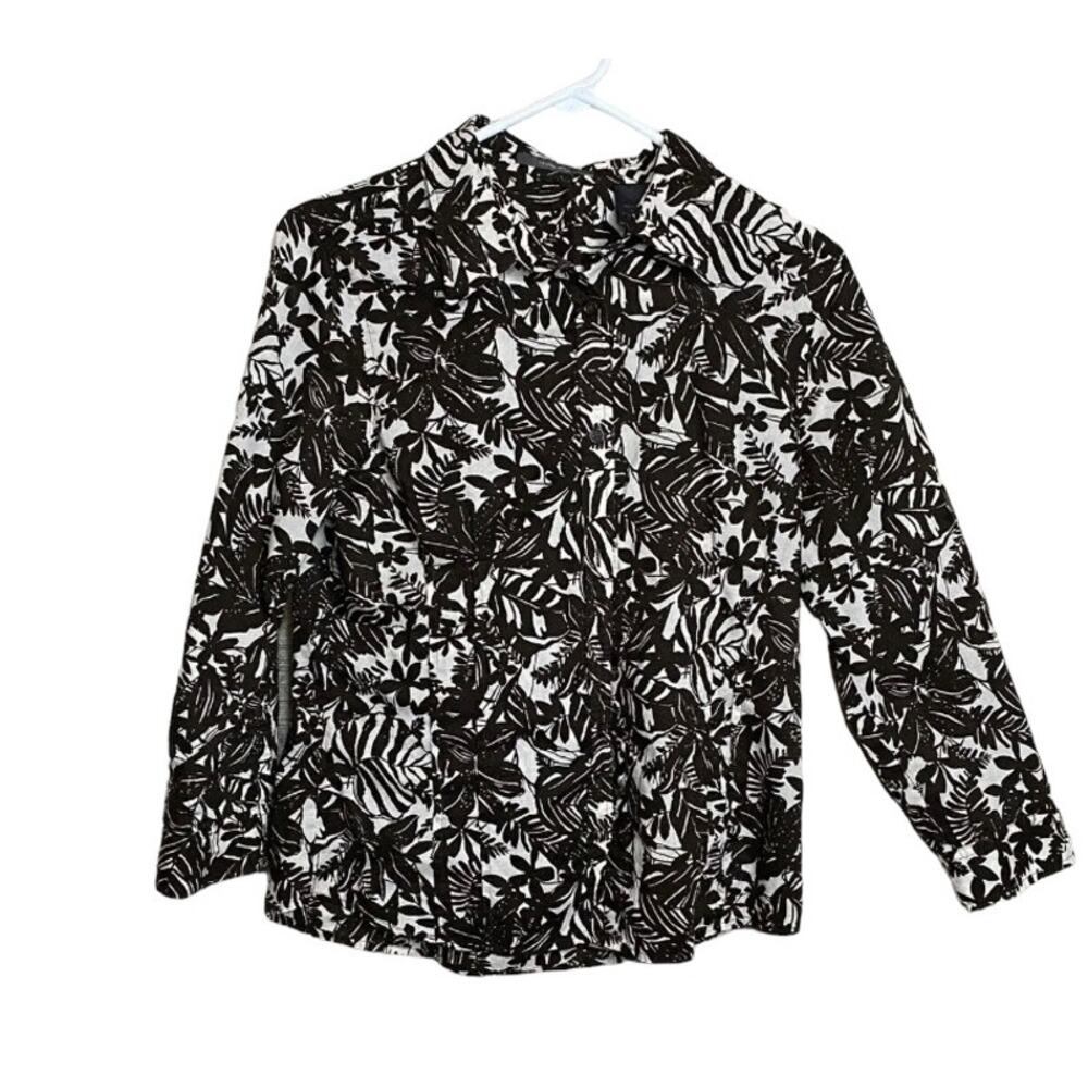 Liz Claiborne Button Up Shirt Women's Med Petite Dark Brown White Palm Floral LS